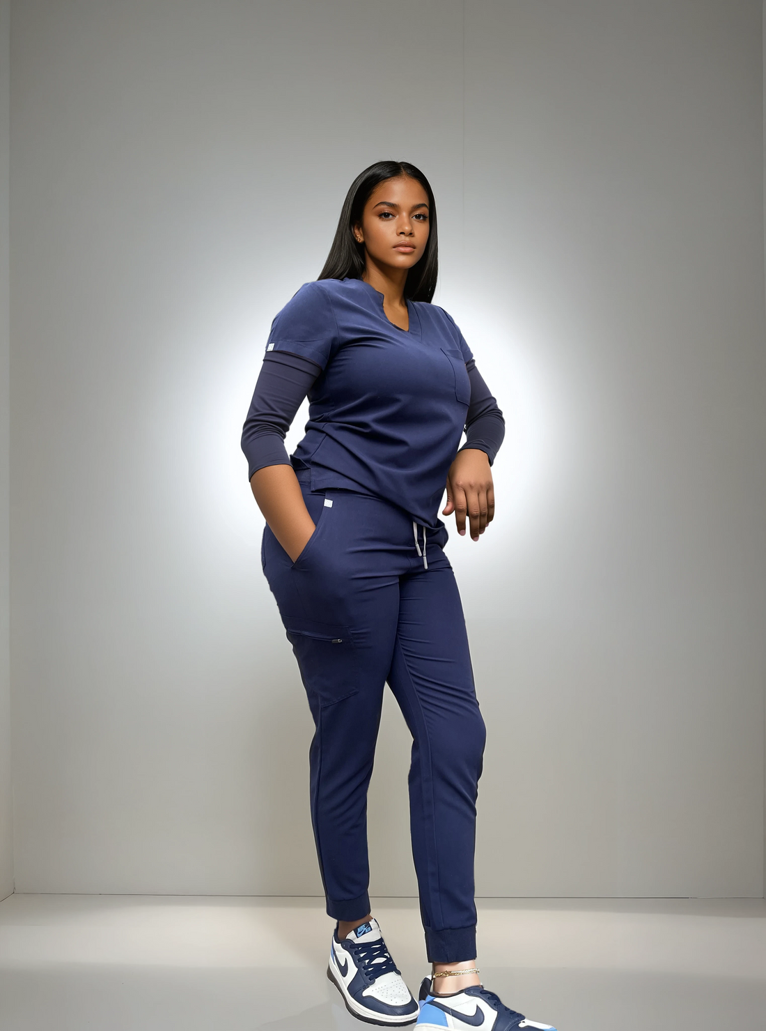 Navy Blue Scrub Set (V-Neck Top + Jogger Pants)