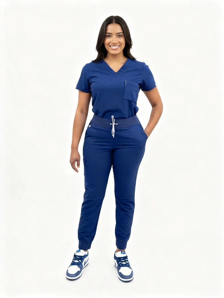Woman wearing Navy Blue Scrub Set Snatch Eleven