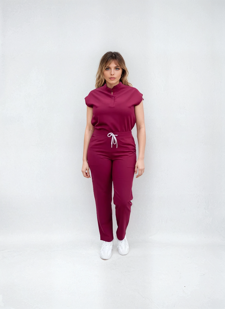 Mandarin Collar Scrub Set (Mango Sleeve Top & Straight Pants)