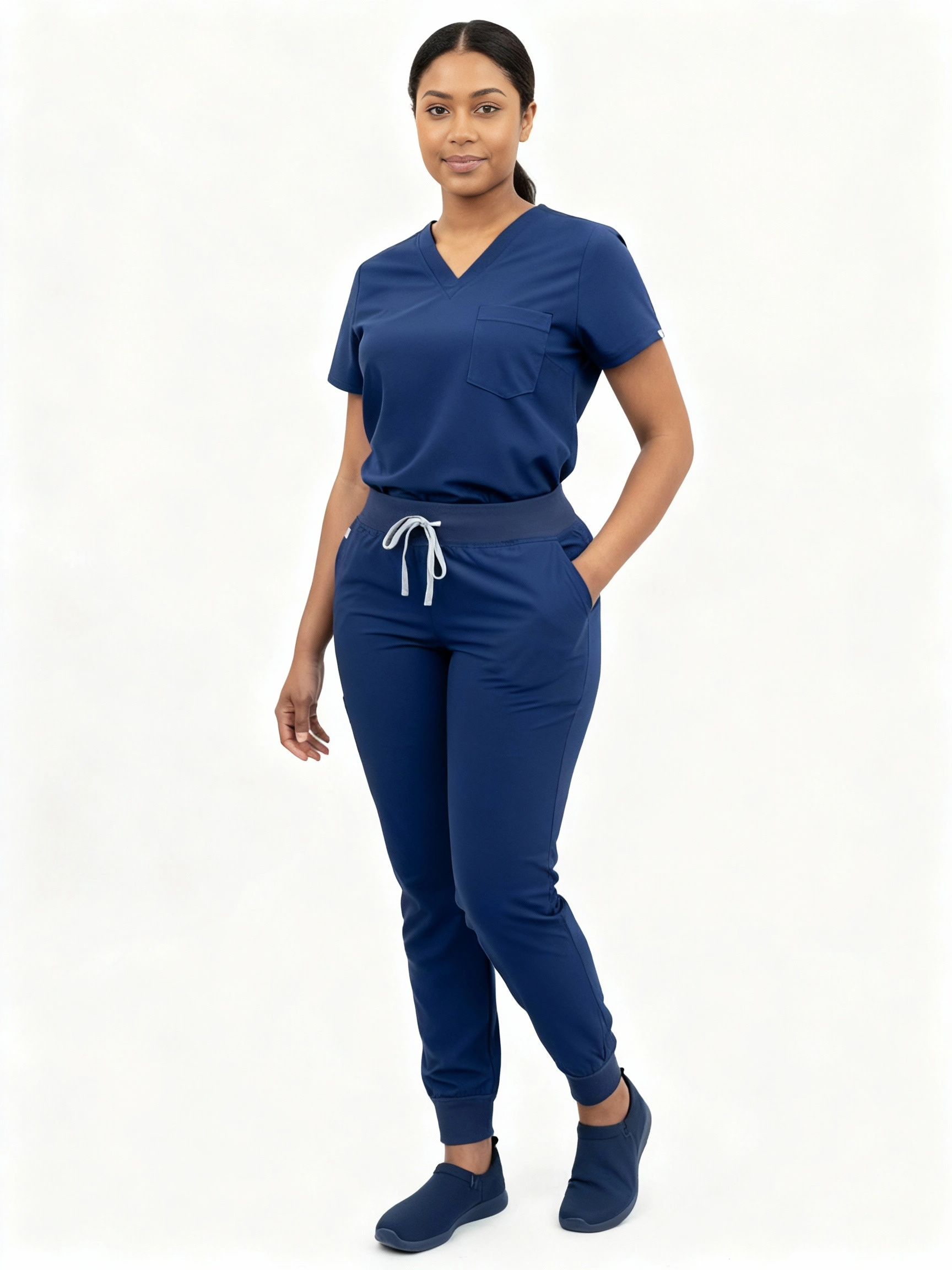 Navy Blue Scrub Set (V-Neck Top + Jogger Pants)