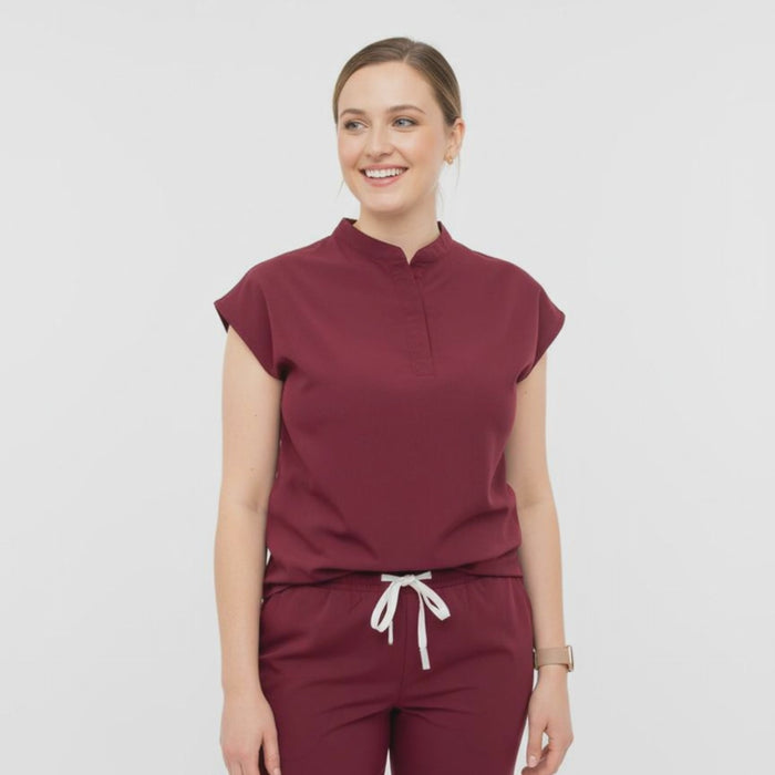 Wine Scrub Top Mandarin Collar
