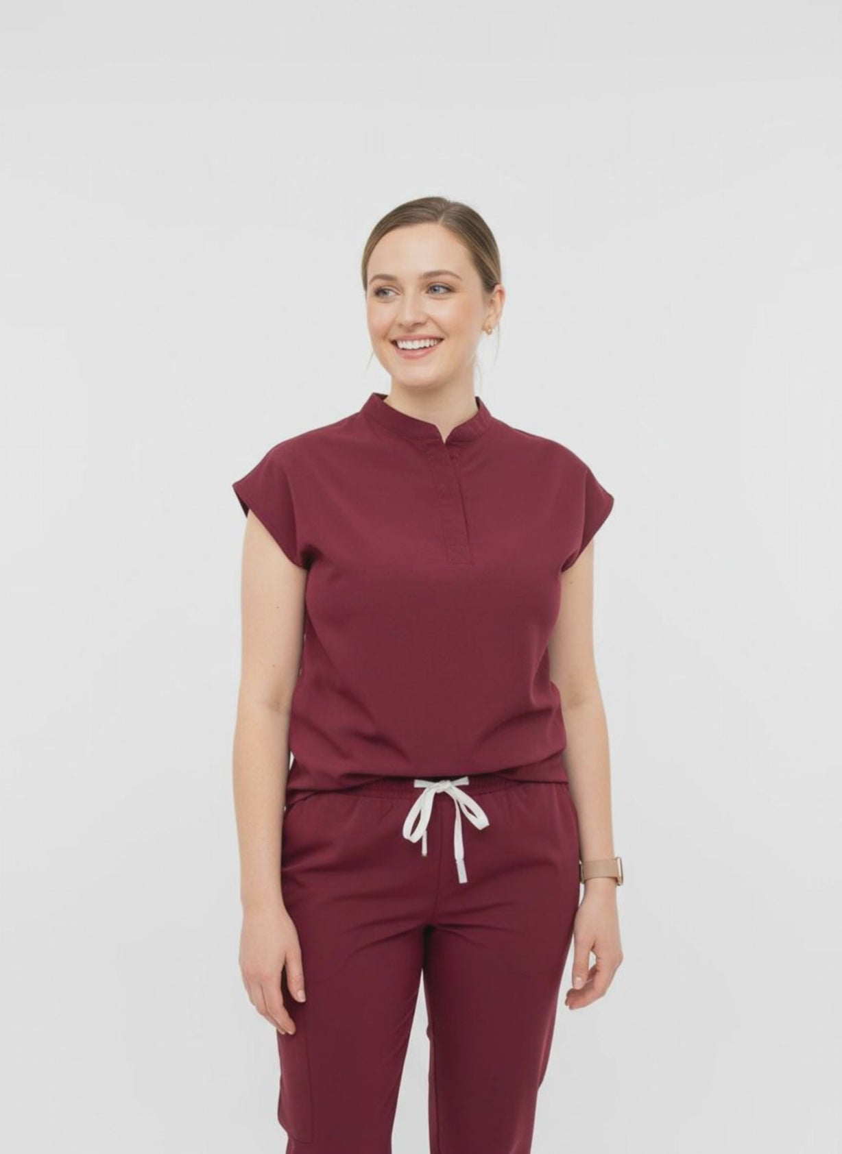 Wine Scrub Top Mandarin Collar
